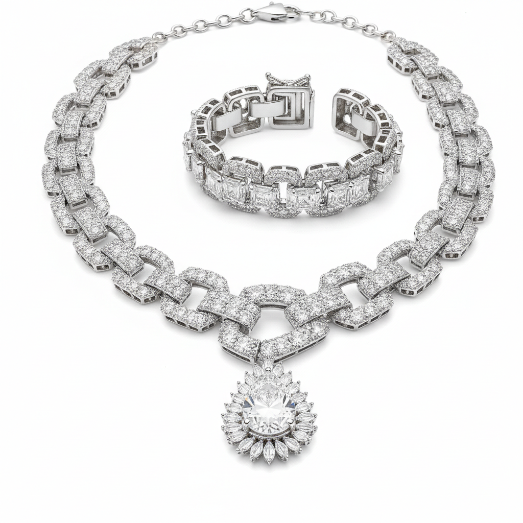 Platinum Luxury Jewelry Set - Diamond Necklace and Bracelet