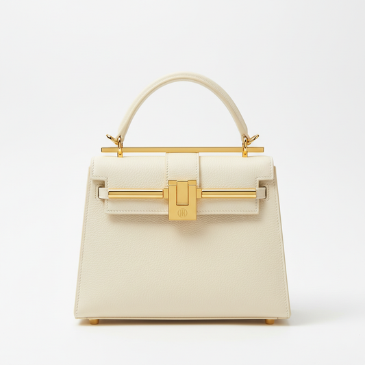 Luxury white structured handbag with gold hardware