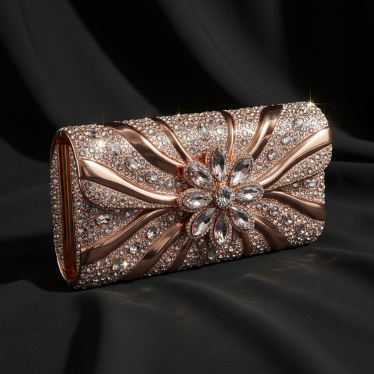 Rose gold crystal evening clutch bag